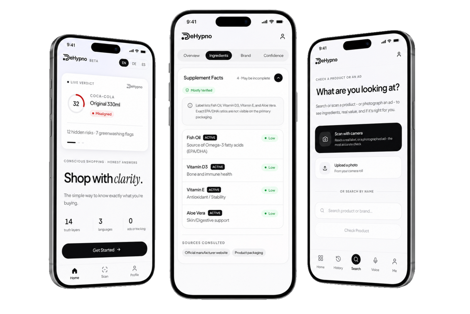 DeHypno app scanning food, cosmetic, supplement and medicine ingredient labels shown on three phone screens